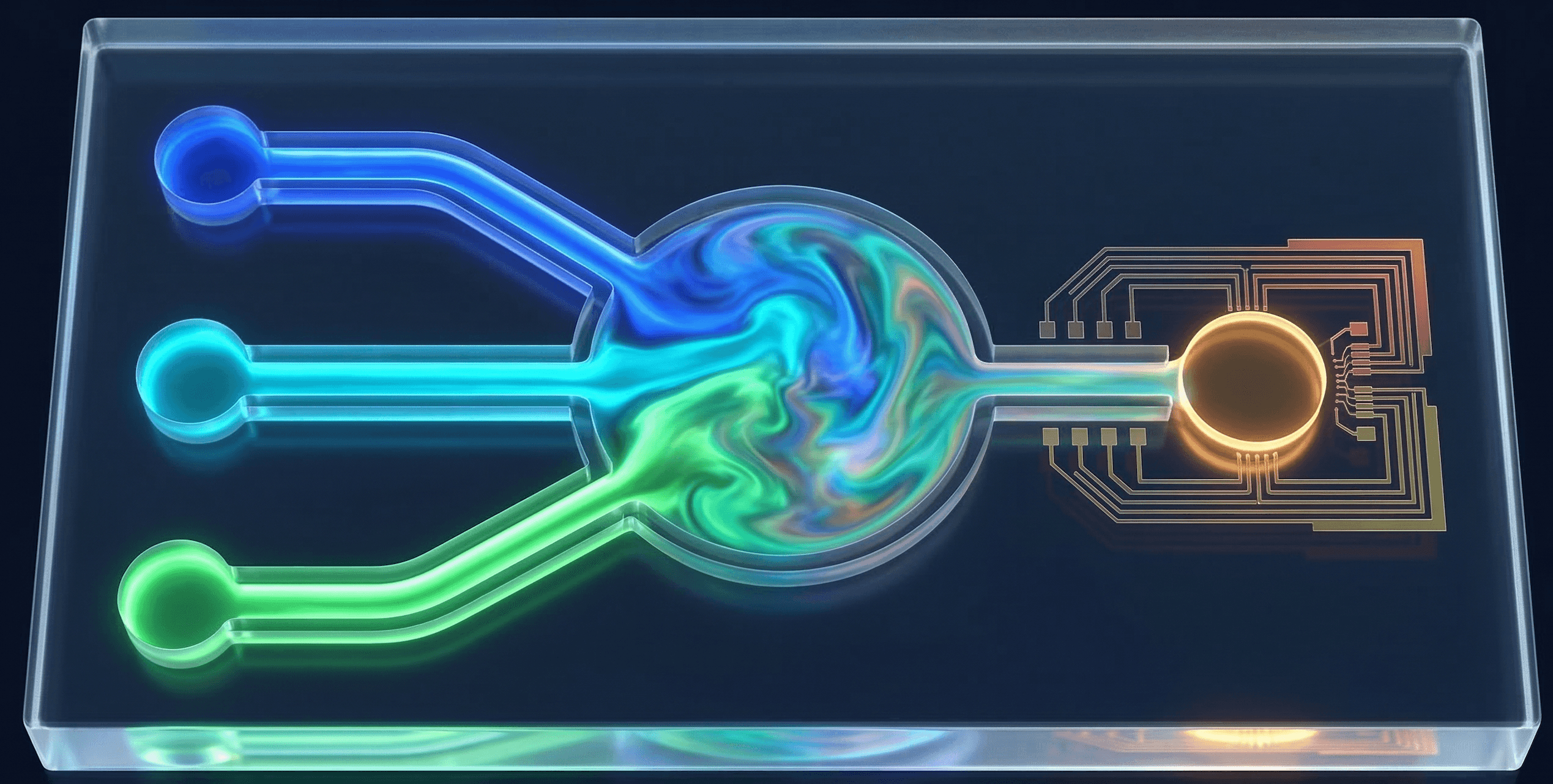 Microfluidic chip with three input channels converging into a mixing chamber with optical detection zone